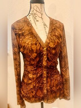 Women’s Brown Paisley Sheer Button-Front Dress Top
